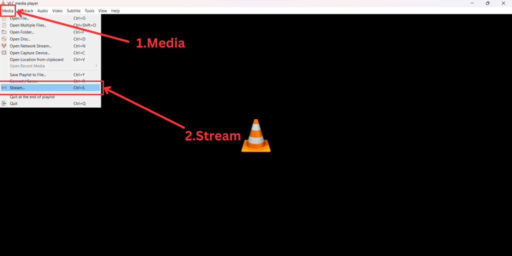Windows VLC steps, Media and then stream option