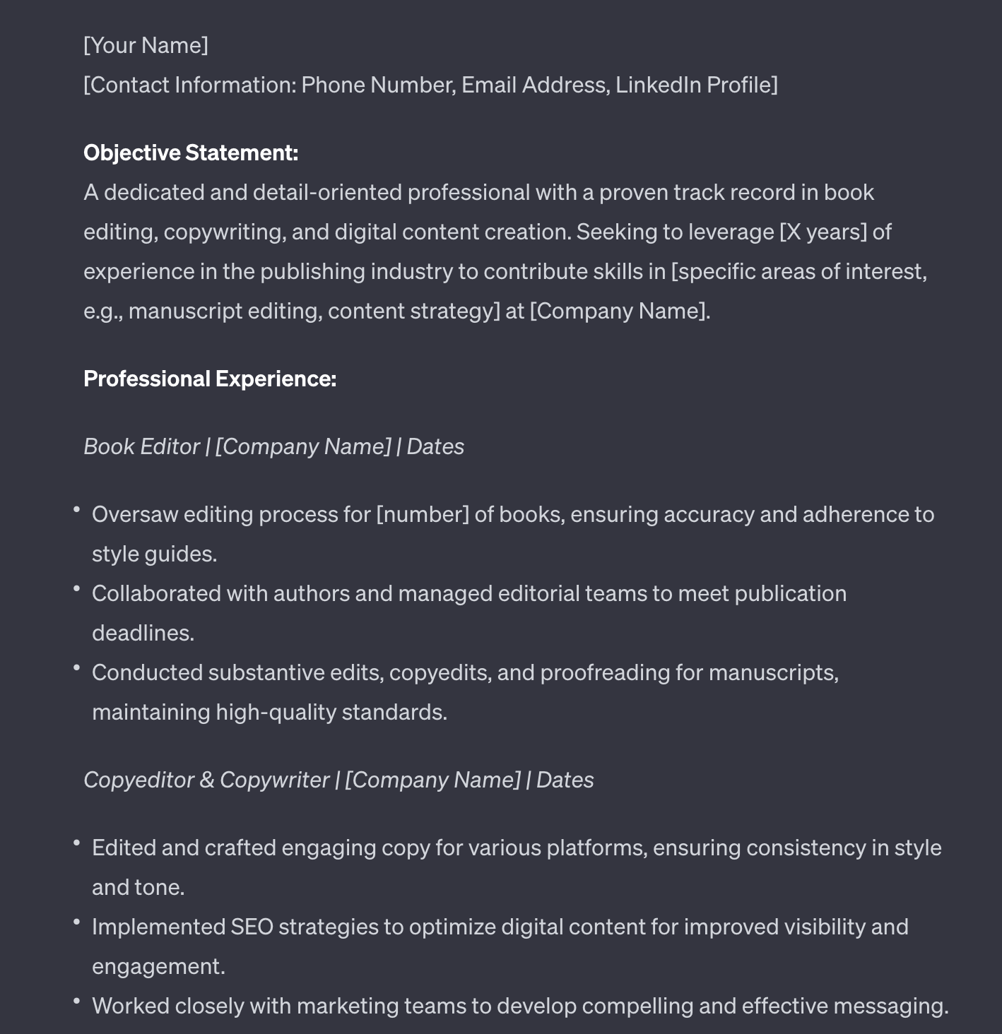 ChatGPT generated resume screenshot.