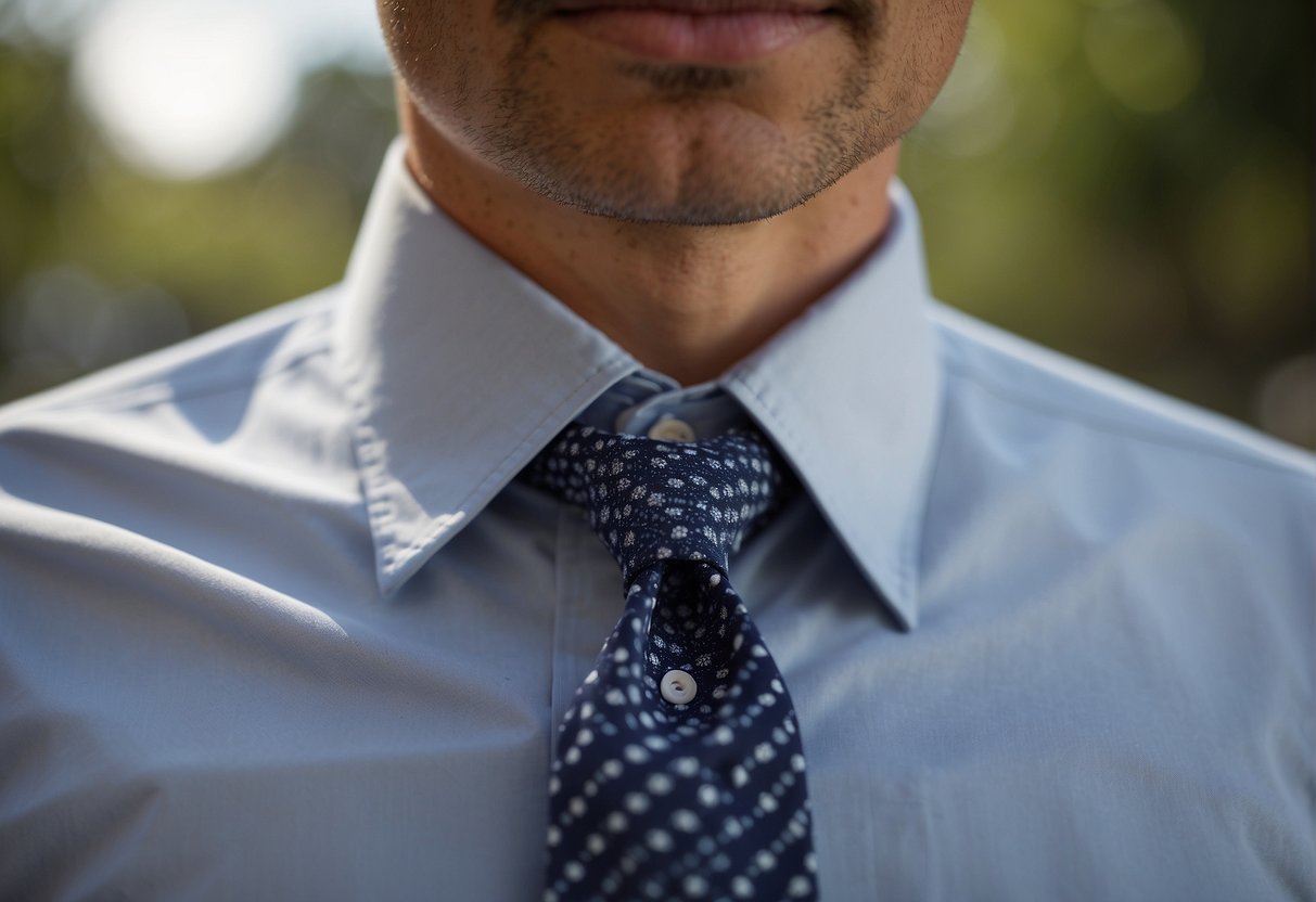 A man's dress shirt collar is snug but not constricting, with a slight gap between the fabric and the neck. The collar should sit comfortably without causing discomfort or restriction