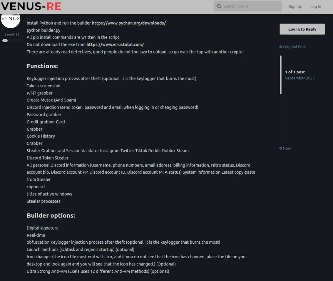        Advert detailing the malware’s main capabilities and a few produce choices.
