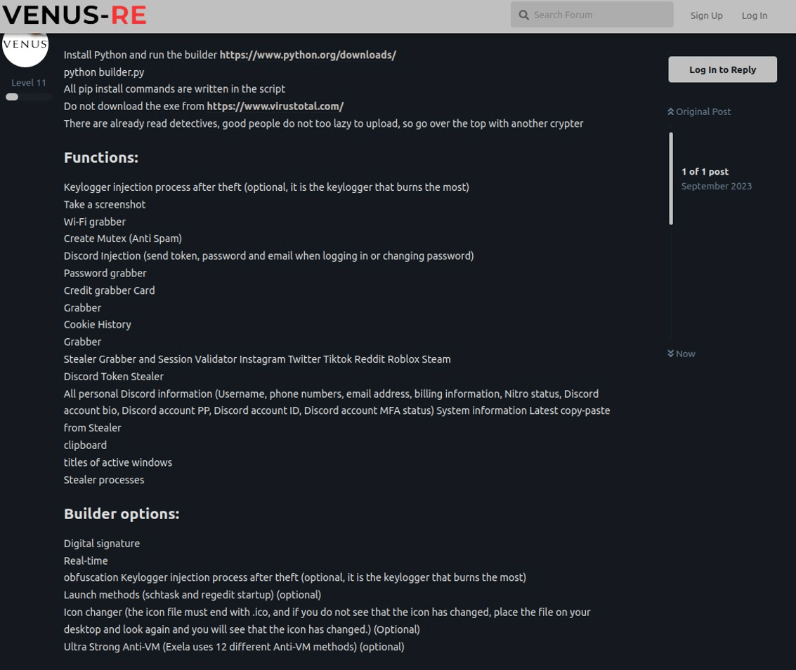        Advert detailing the malware’s major capabilities and some build options.