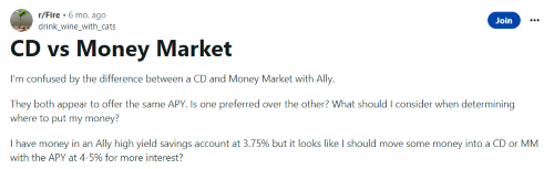 A person on Reddit asks other people about the money market vs CD accounts. 