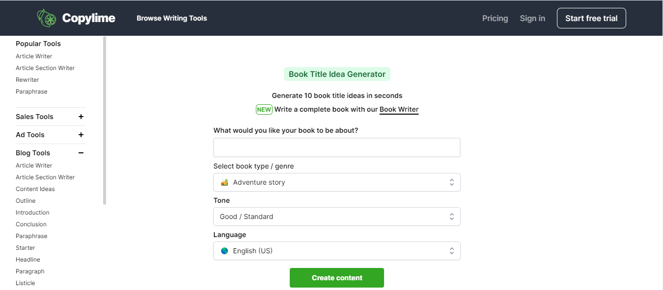 Copylime's Book Title Idea Generator