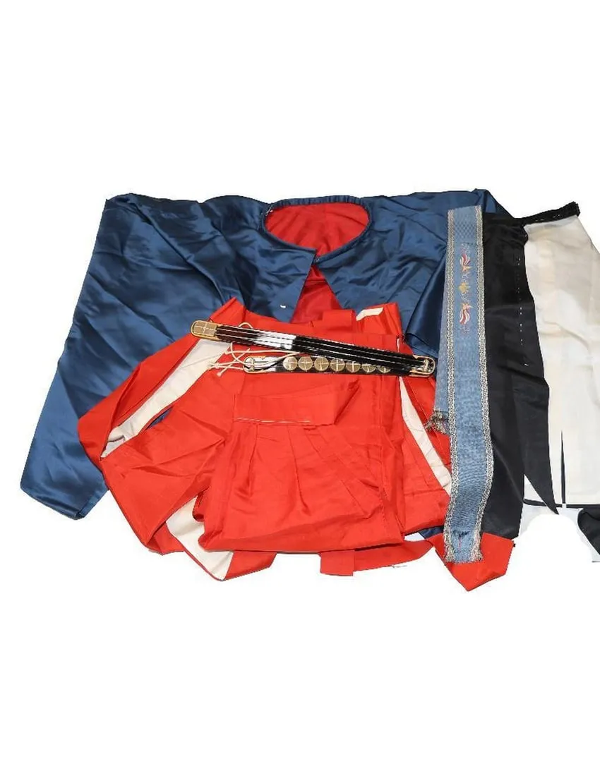 A blue and red jacket and red pants

Description automatically generated