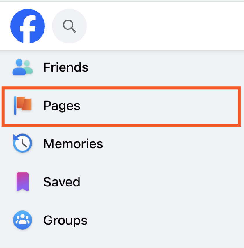 "Pages" highlighted on Facebook menu