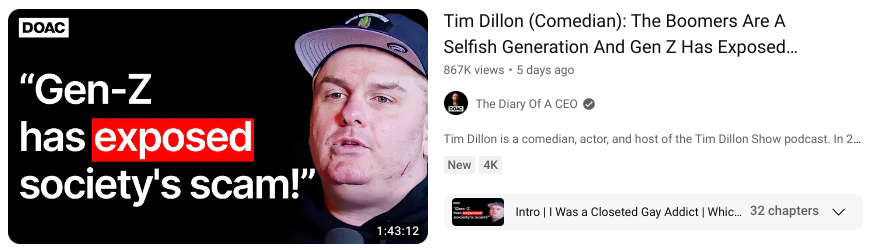 Tim Dillon's face on a YouTube thumbnail for Diary of a CEO