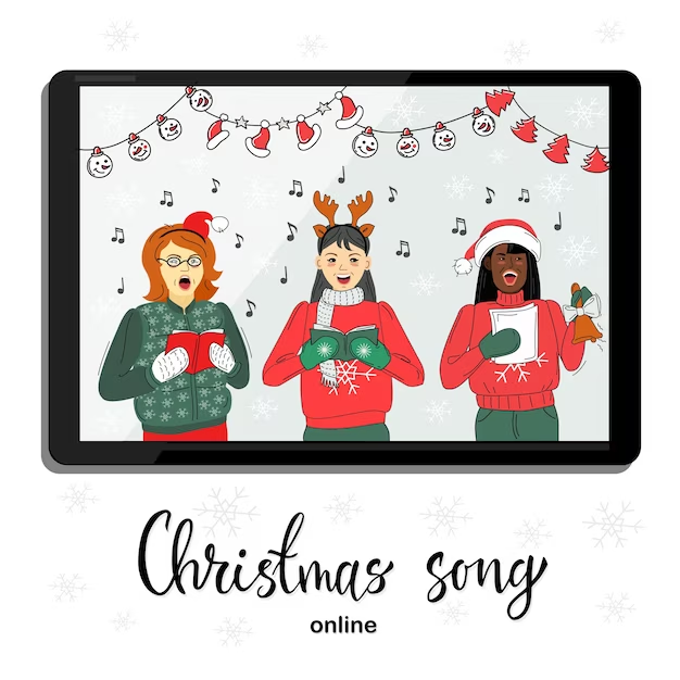 Graphic of Three Girls With Christmas Lyrics in Hand Singing Christmas Songs With Excitement.