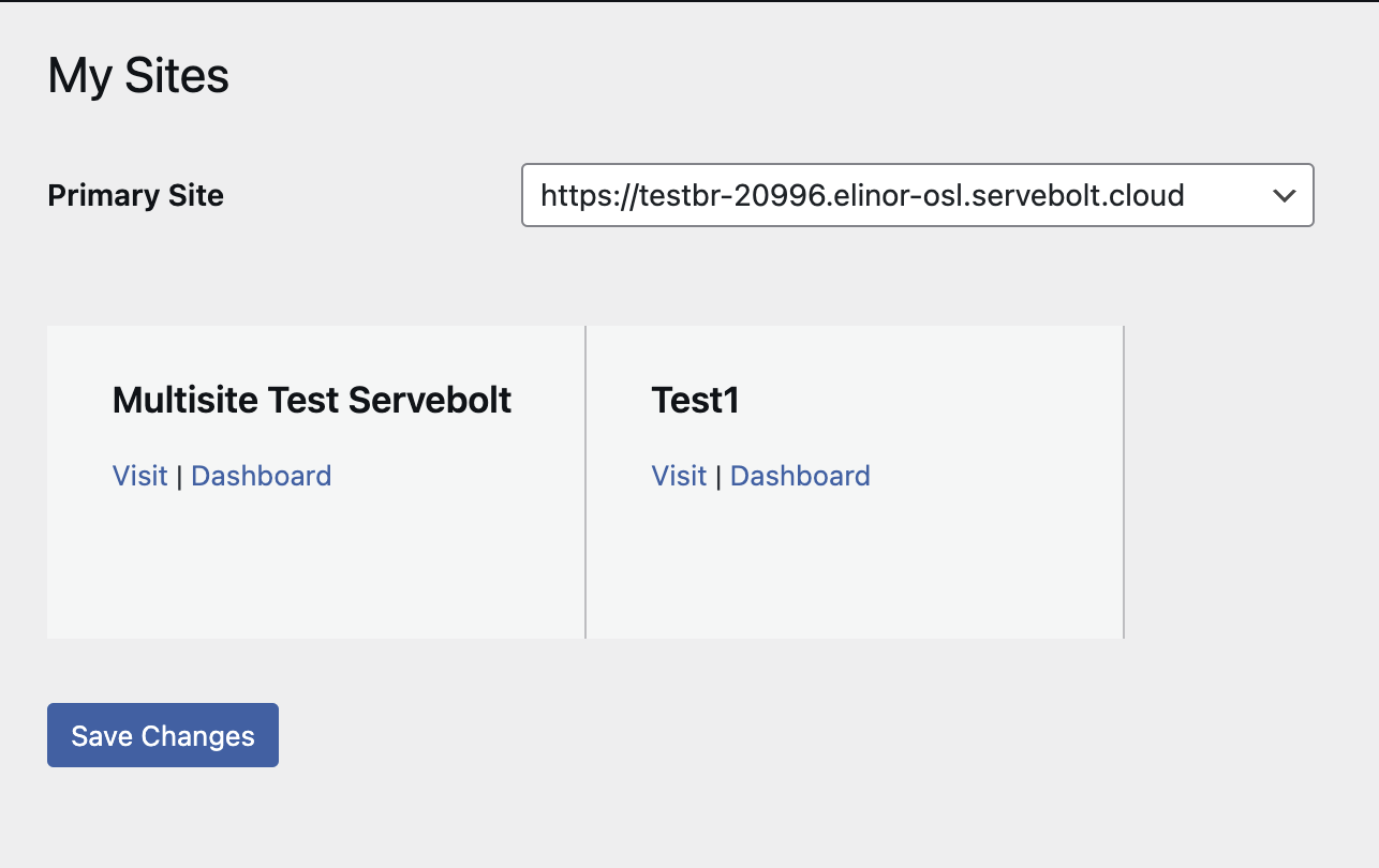 Screenshot of a webpage showing three website listings: "Primary site," "Multisite test serverbolt," and "Test1."