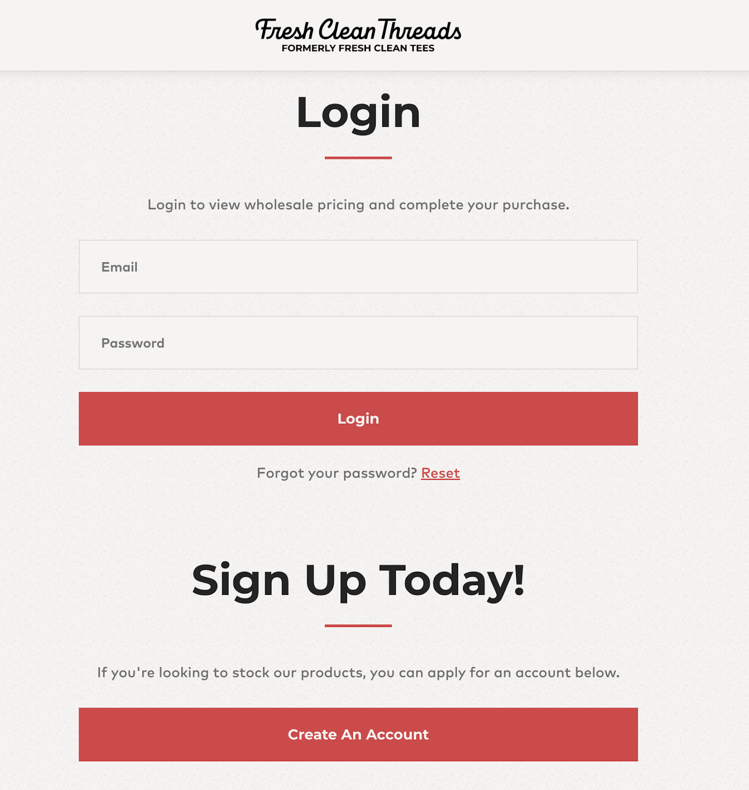 Customer login page from https://wholesale.freshcleantees.com