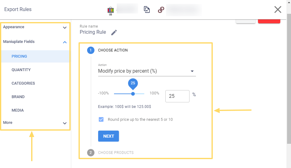 Image Source: app.exportyourstore.com. ExportYourStore’s export rules interface and the pricing rule options.