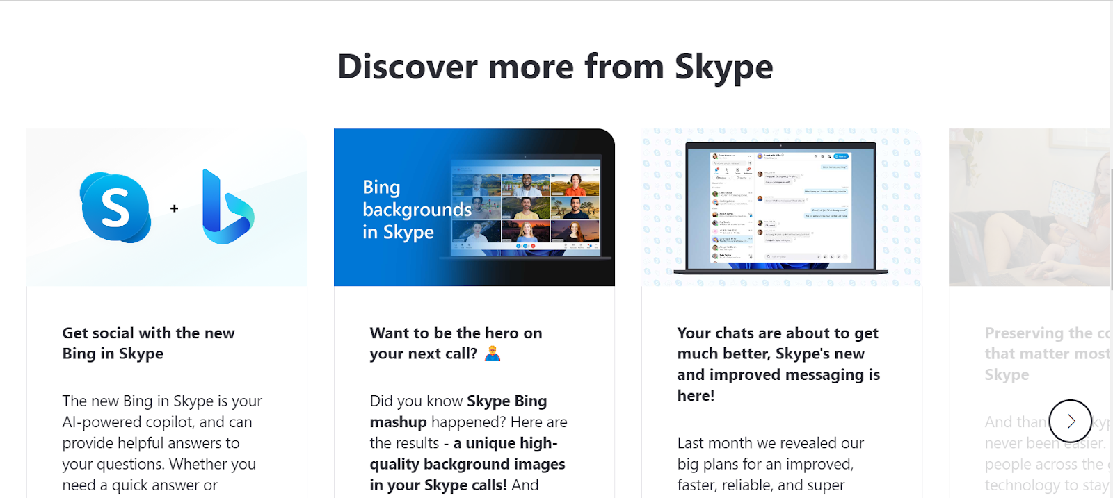 Skype website snapshot highlighting the services it offers.