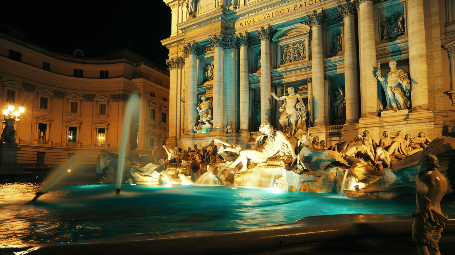 The Trevi Fountain illuminated at night