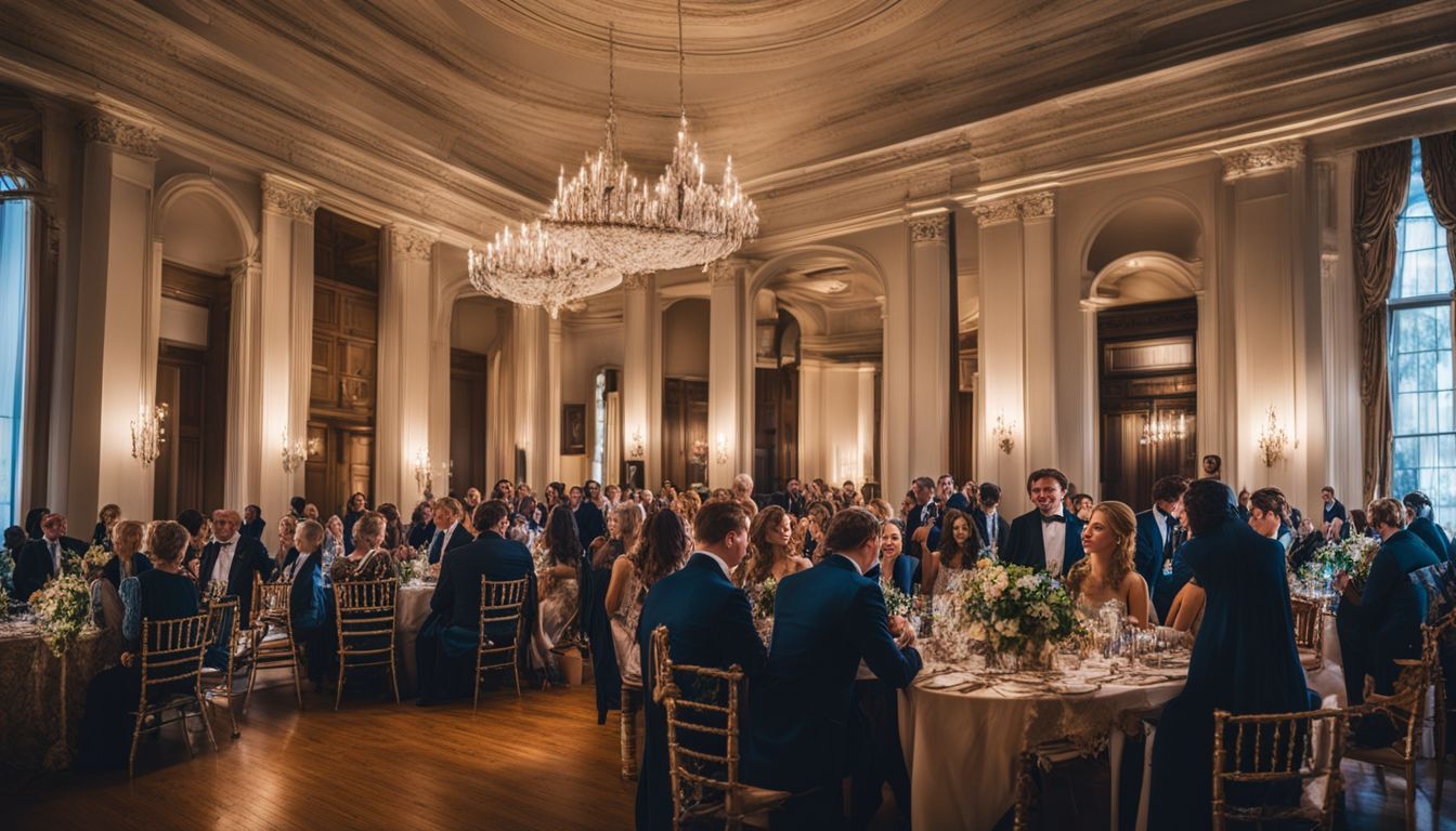 A formal event at Arlington Hall with elegant guests in various outfits.