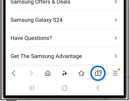 Tabs icon highlighted in the Samsung Internet app
