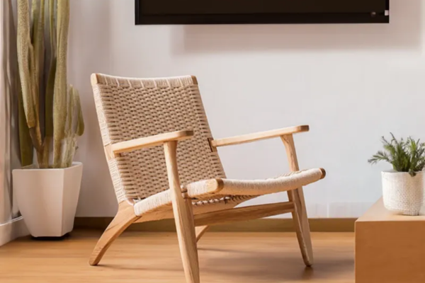 Wooden accent chair with tight-woven twine backrest and seat