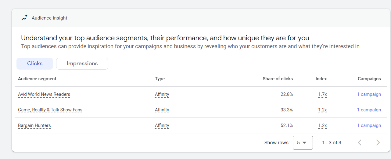 A screenshot of the Audience insight screen in Google Ads.