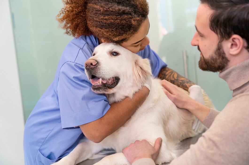 Doctor hugging smiley dog