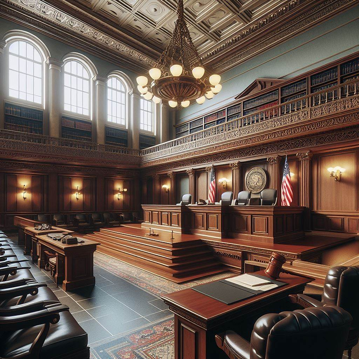 Inside of an empty courtroom.