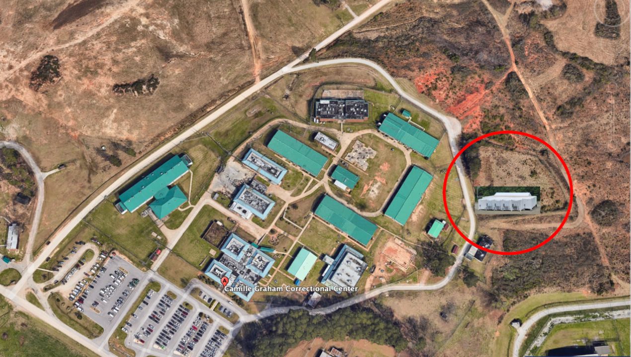 Satellite area view of the Camille Griffin Graham Correctional Institution that shows location for new modular farm