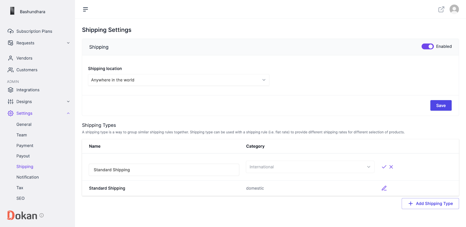 A screenshot to shipping settings of admin