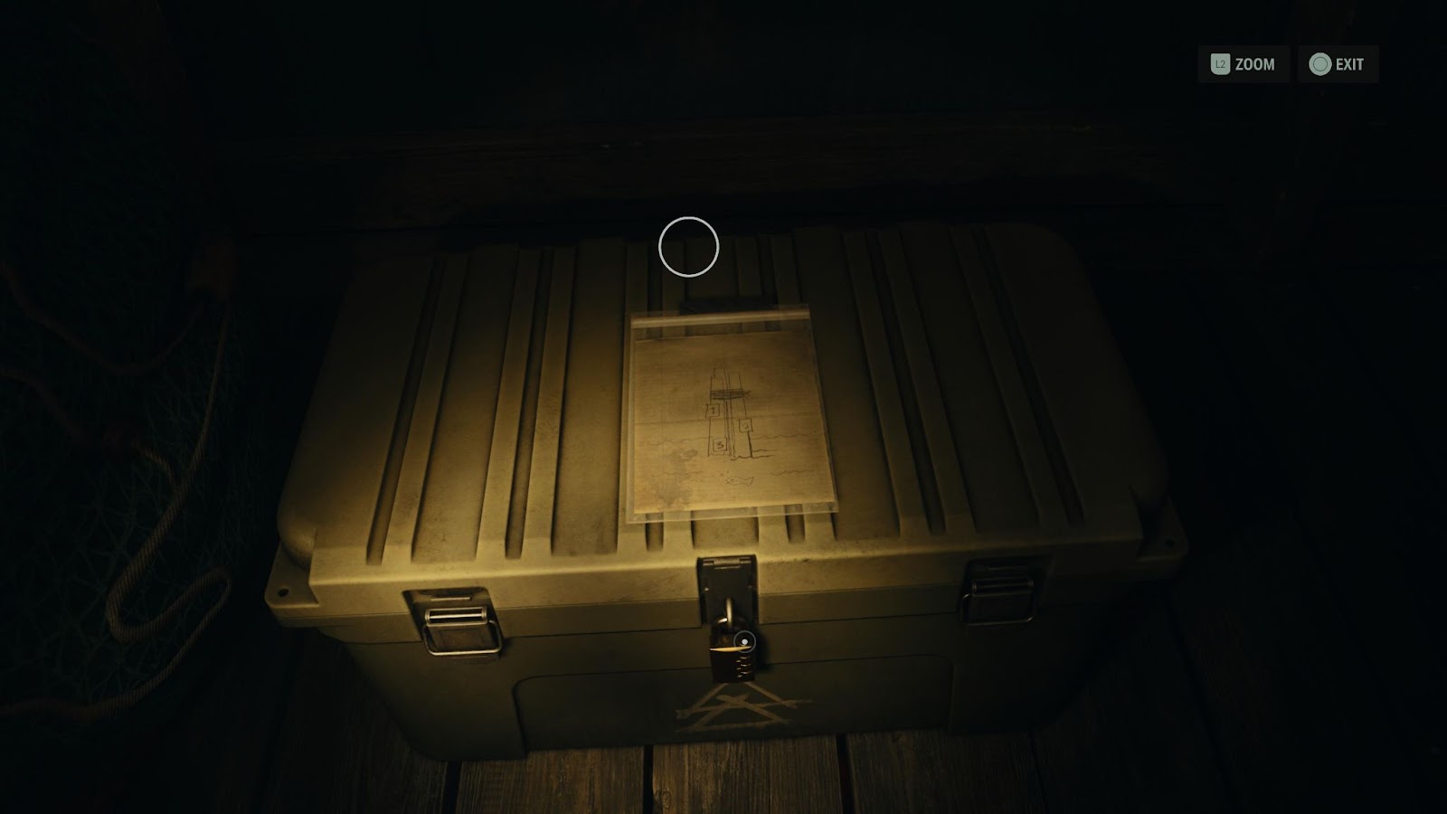 An in game screenshot of the harbor cult stash in Bright Falls from Alan Wake 2