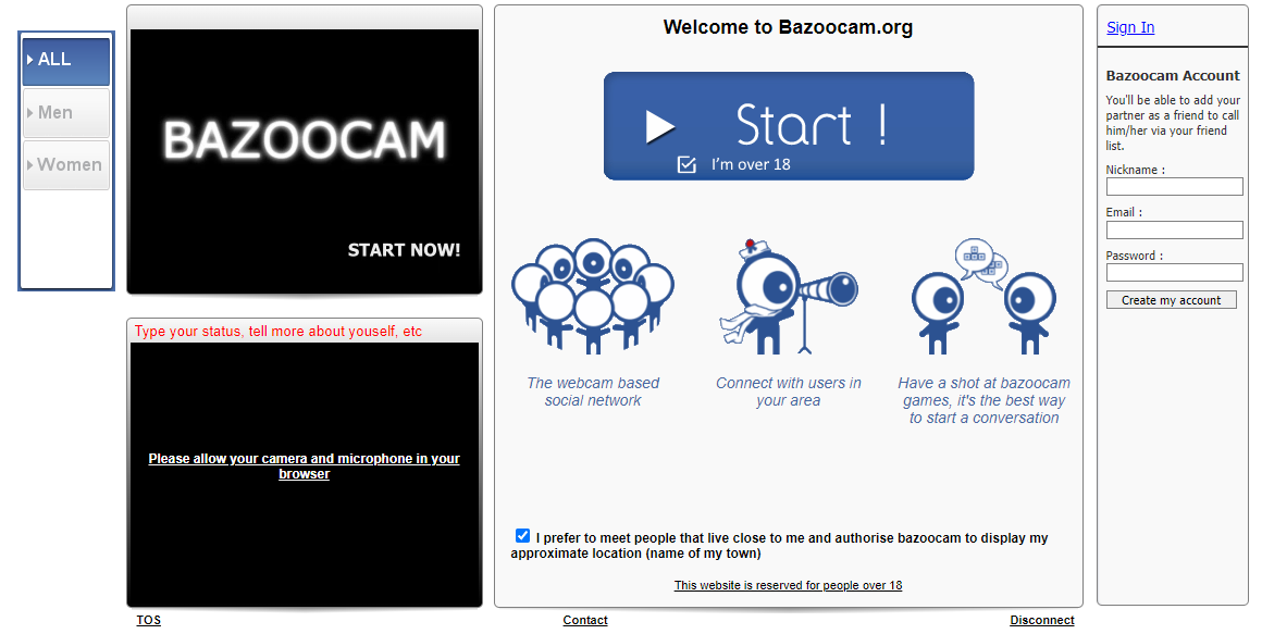 Screenshot of the Bazoocam platform displaying initial settings before joining a chat.