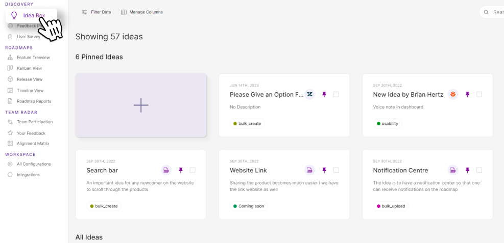 Visual representation of Chisel's Idea Box, a dedicated space for safely storing product feature requests and ideas gathered from customer feedback.