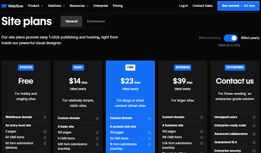 Webflow pricing and plans
