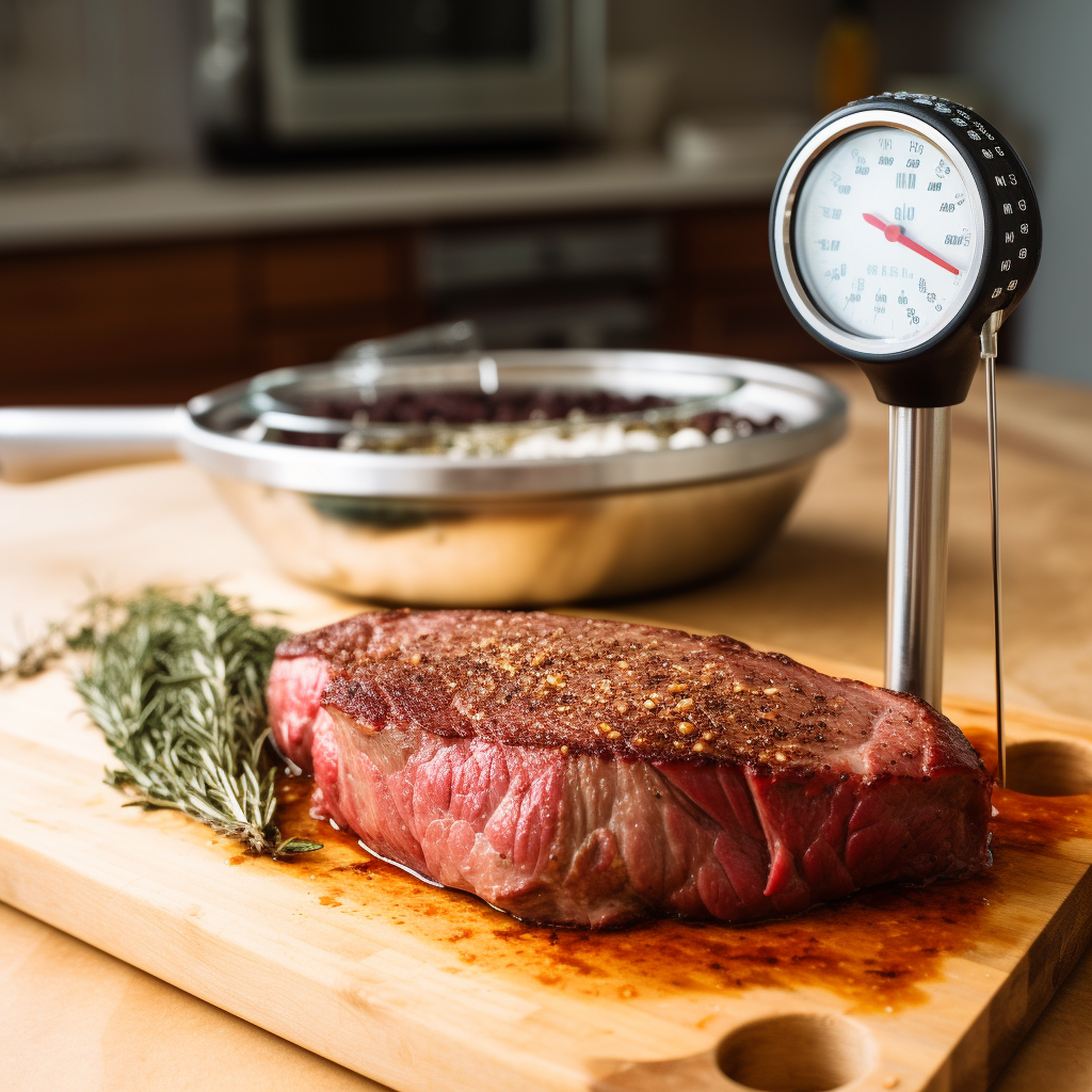 meat thermometer in a cooked steak on a cutting board