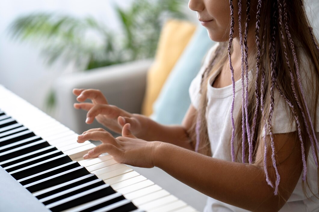 Young pianist creating melodies at home for special education needs.