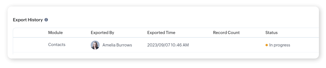 in-progress status while exporting contacts from Zoho CRM