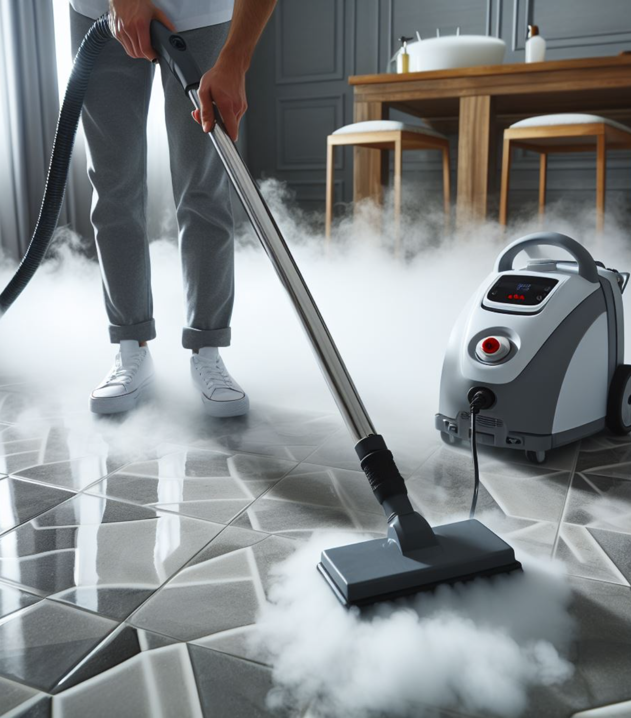 Steam cleaner cleaning tile floors