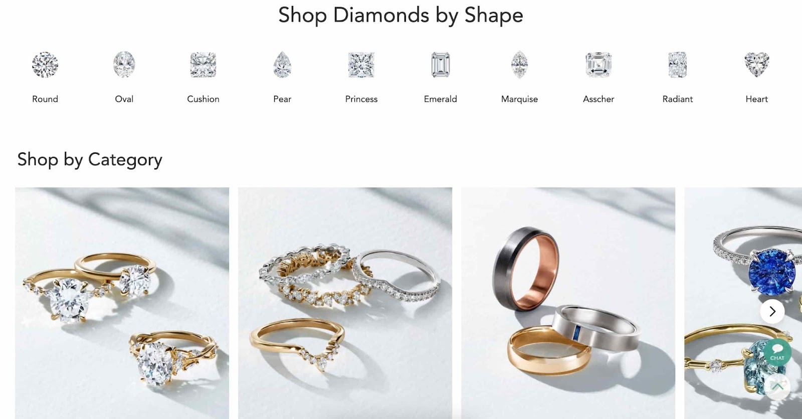 Brilliant Earth product display allowing you to shop for jewelry by shape