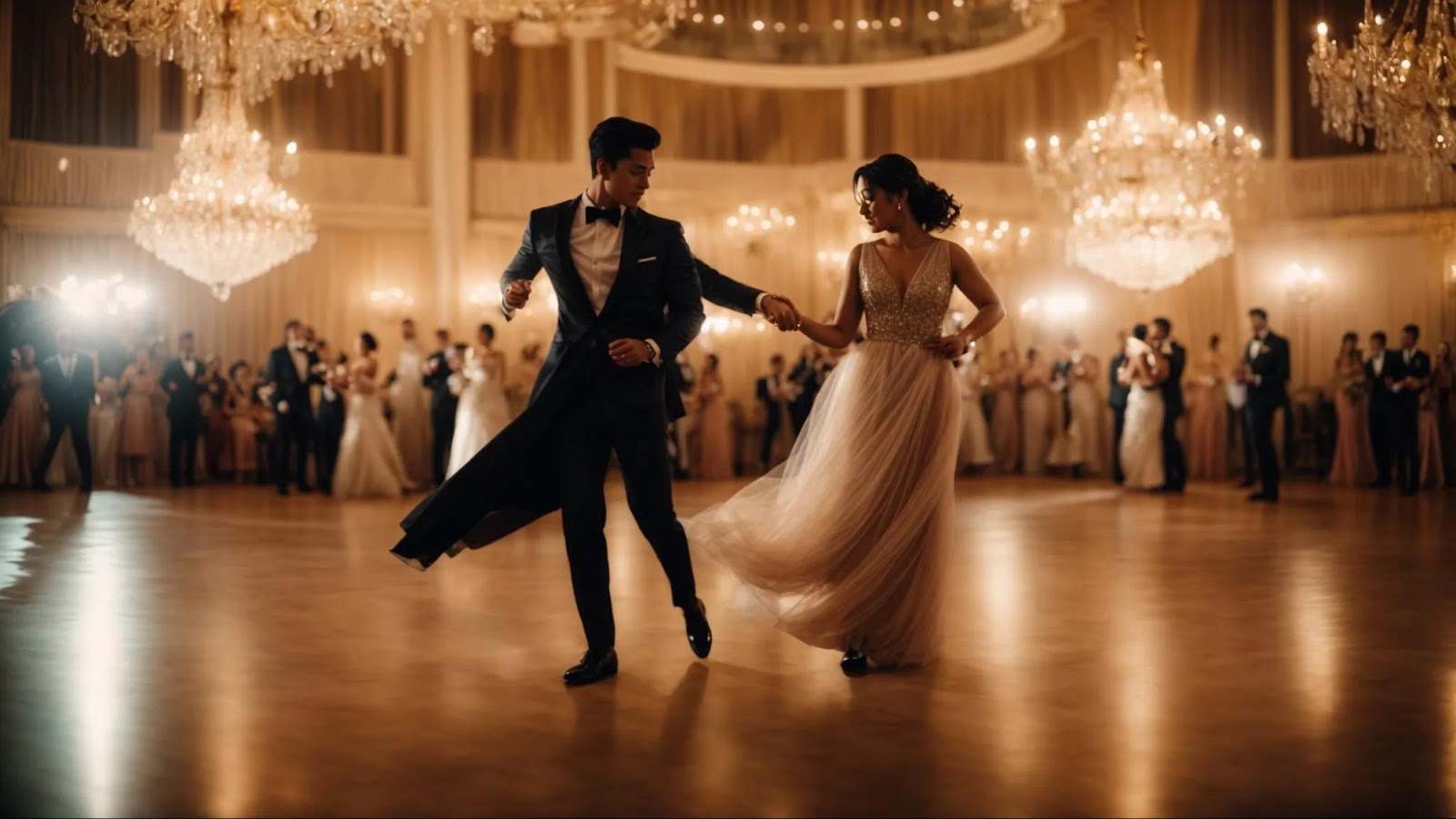 couples are gracefully gliding across a polished dance floor under the glow of chandeliers.