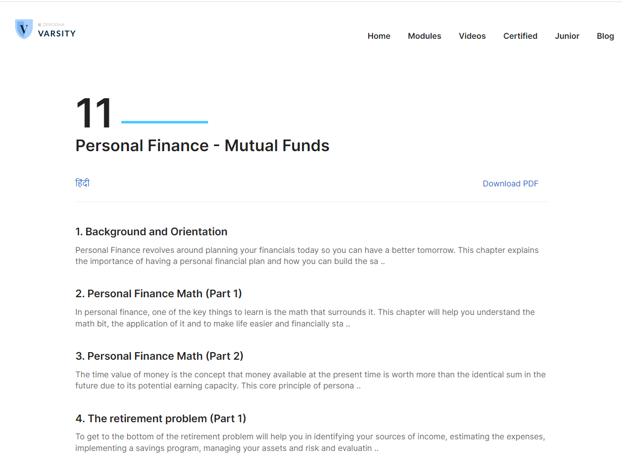 Personal Finance - Mutual Funds course by Zerodha Varsity