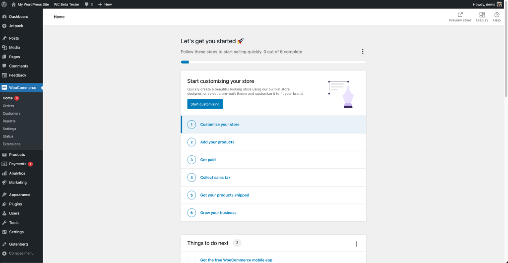 Screenshot of the Home section of the WooCommerce menu in Wp-admin. 