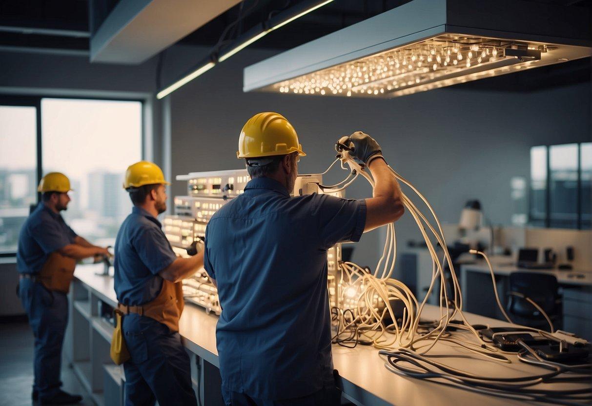 A team of electricians installs wiring and lighting fixtures in a modern office building