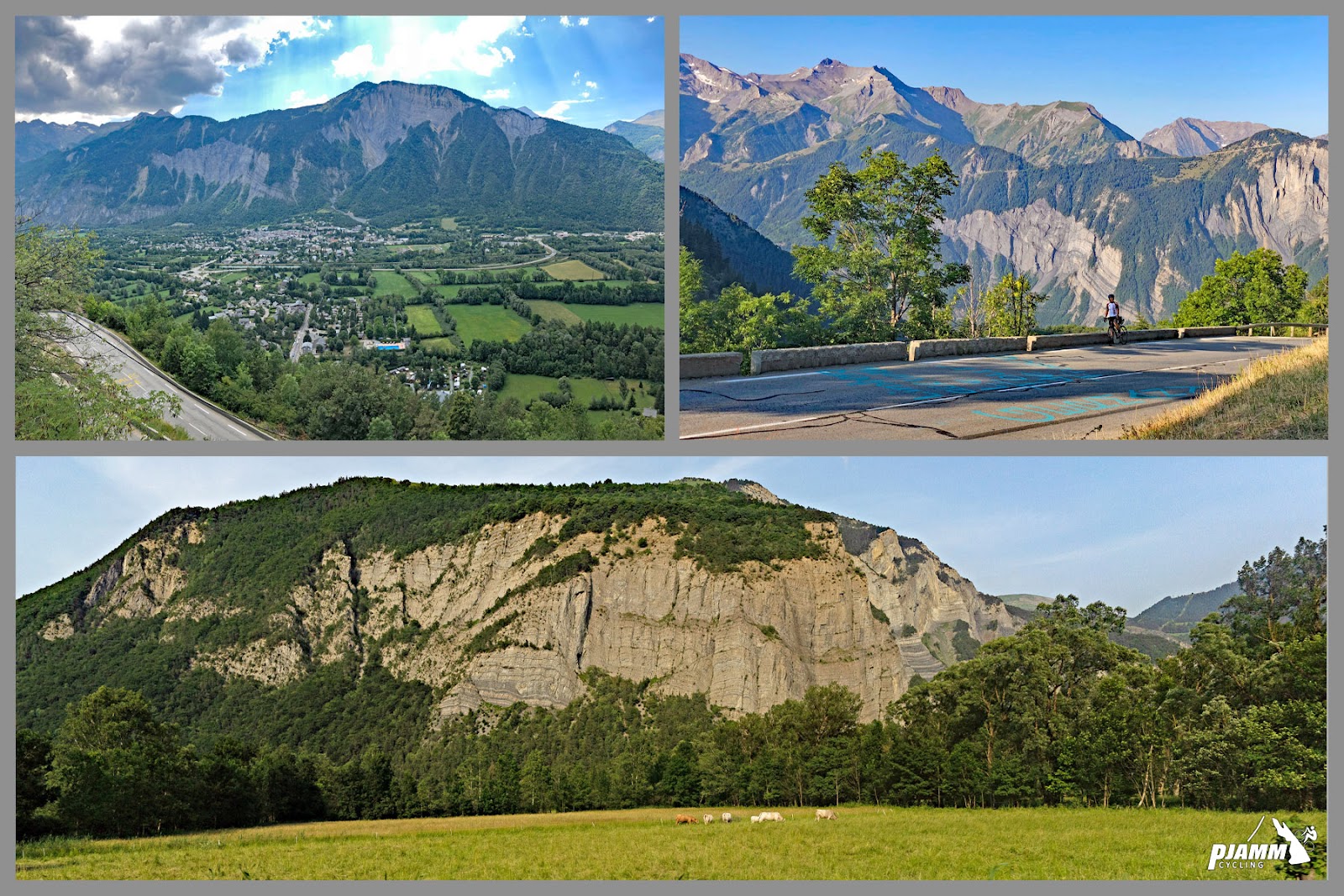 photo collage shows stunning rock formations and mountain views along the Alpe d'Huez climb