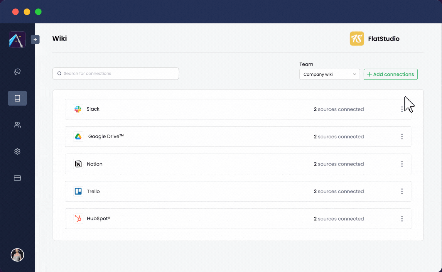 Flatstudio app interface showing options to add team connections with Slack, Google Drive, Trello, Notion, and HubSpot.