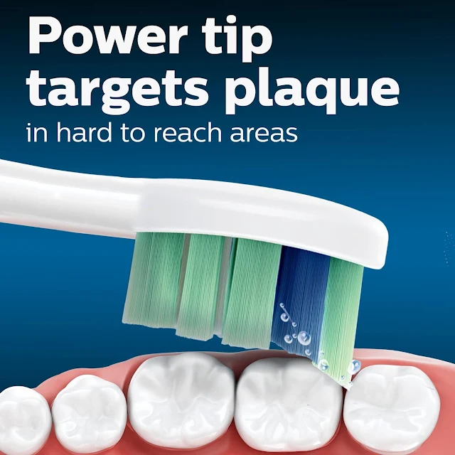 toothbrush rubbing on teeth, some text explaining philips sonicare toothbrush heads