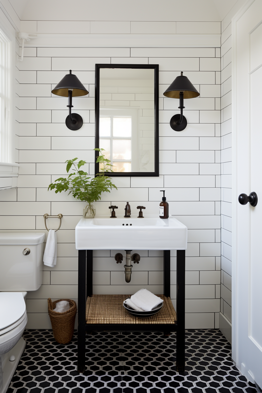 black and white contrast farmhouse bathroom