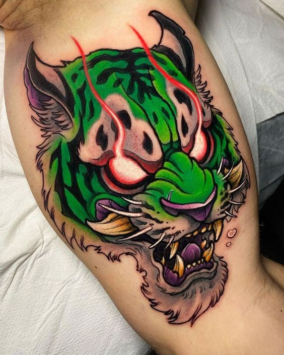 Close up view of an aesthetic tiger body art
