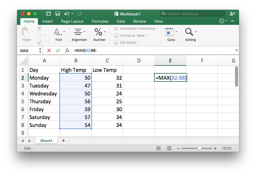 An excel spreadsheet demonstrating how to use the MAX function. 
