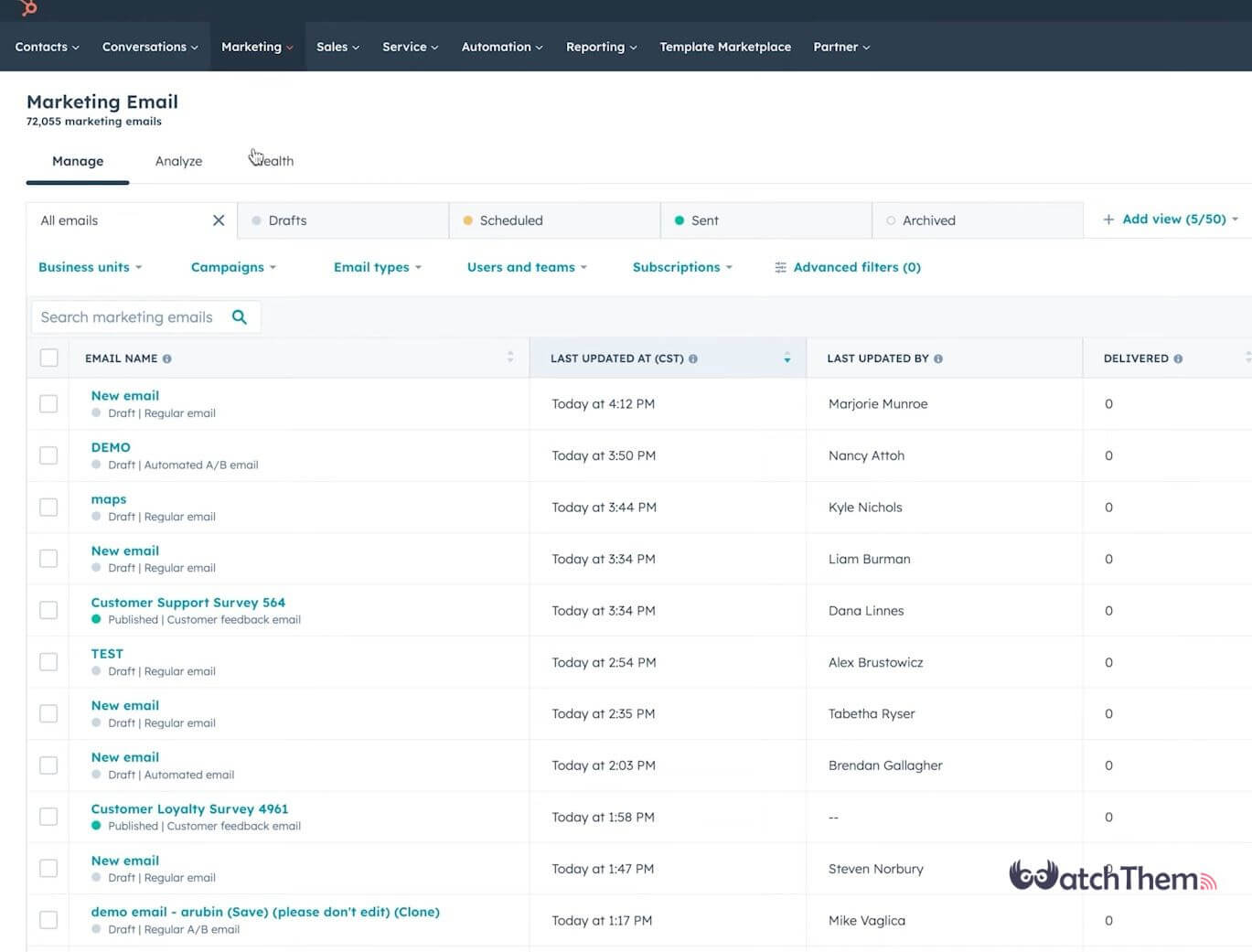 screenshot of Hubspot email marketing platform dashboard