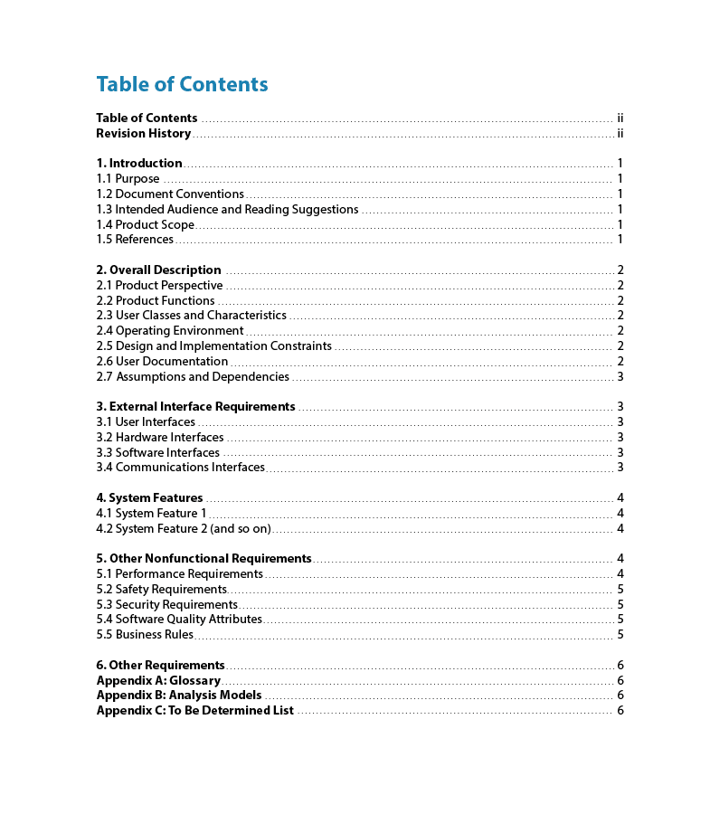 SRS table of contents