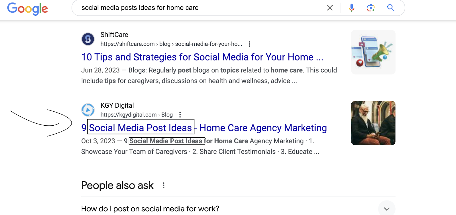 A screenshot showing an example of a google search result for KGY Digital's article 9 Social Media Post Ideas. Arrow pointing at the keywords