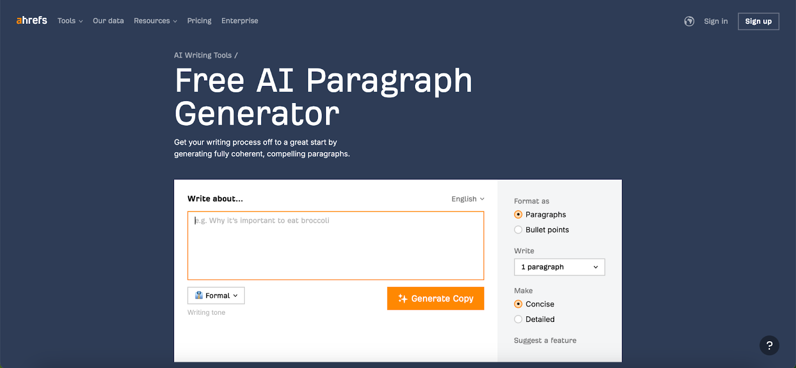 AI paragraph generator tools - Ahrefs Free AI Paragraph Generator