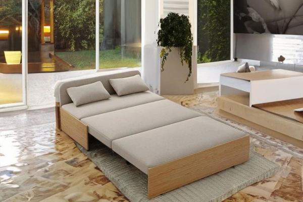 Pull-out sofa bed with headrest, upholstered in cotton and linen, with wooden frame and storage