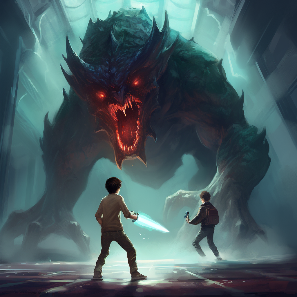 A young hero fighting against a giant monster with a magic weapon. 