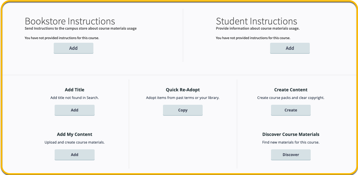 Additional options for adopting course materials, including adding bookstore or student instructions and manually entering materials.